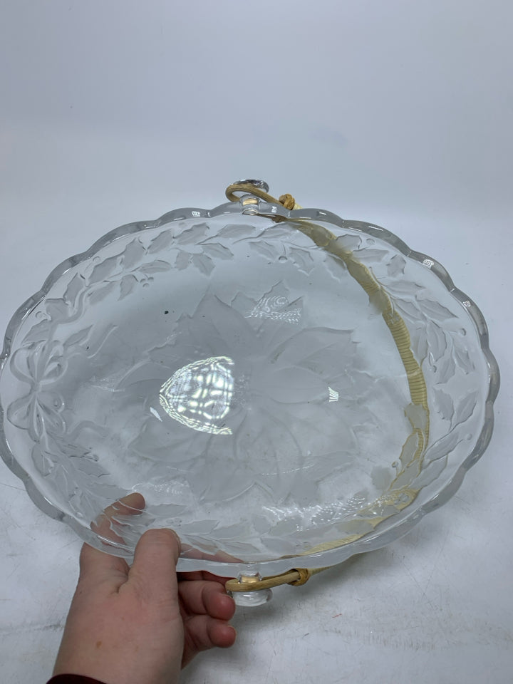 EMBOSSED POINSETTIA OVAL GLASS BASKET W/ WOOD HANDLE.