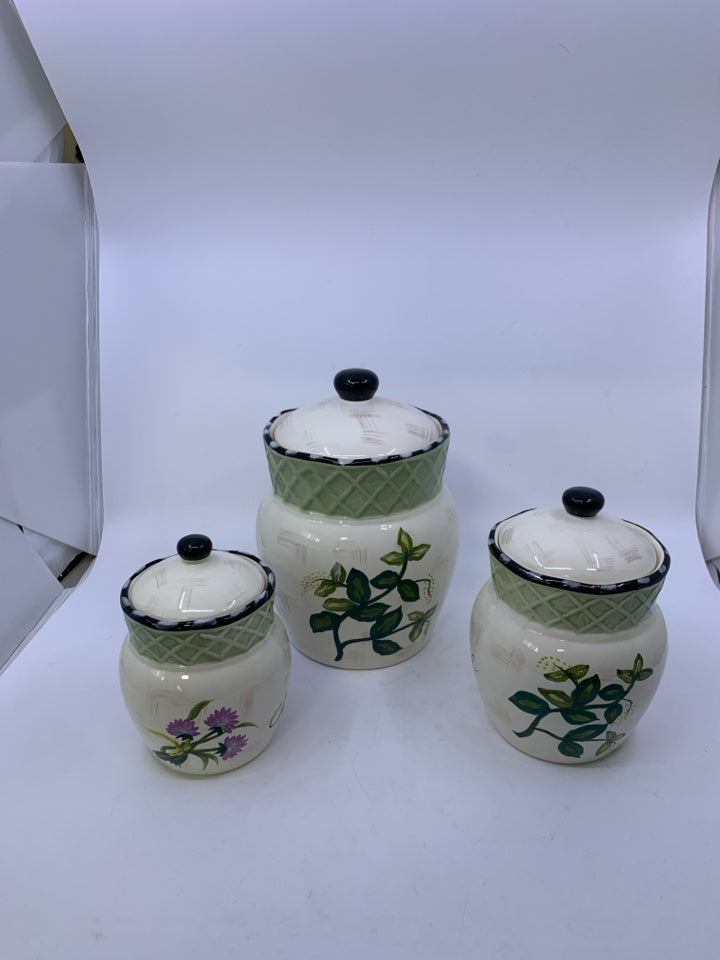 3 SPICE THEMED DISTRESSED WHITE W/ GREEN BAND CANISTER SET.