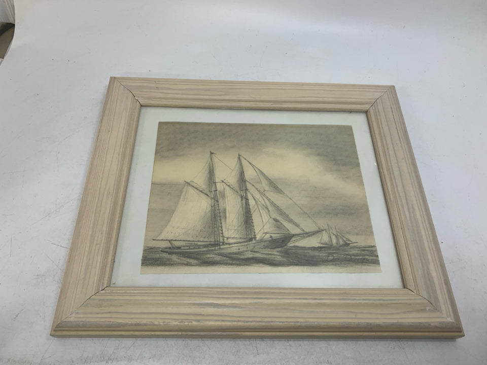 PENCIL SKETCH OF SAILBOAT LIGHT COLORED FRAME.