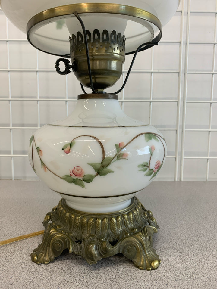 VTG MILK GLASS & ROSE HURRICANE PARLOR LAMP.