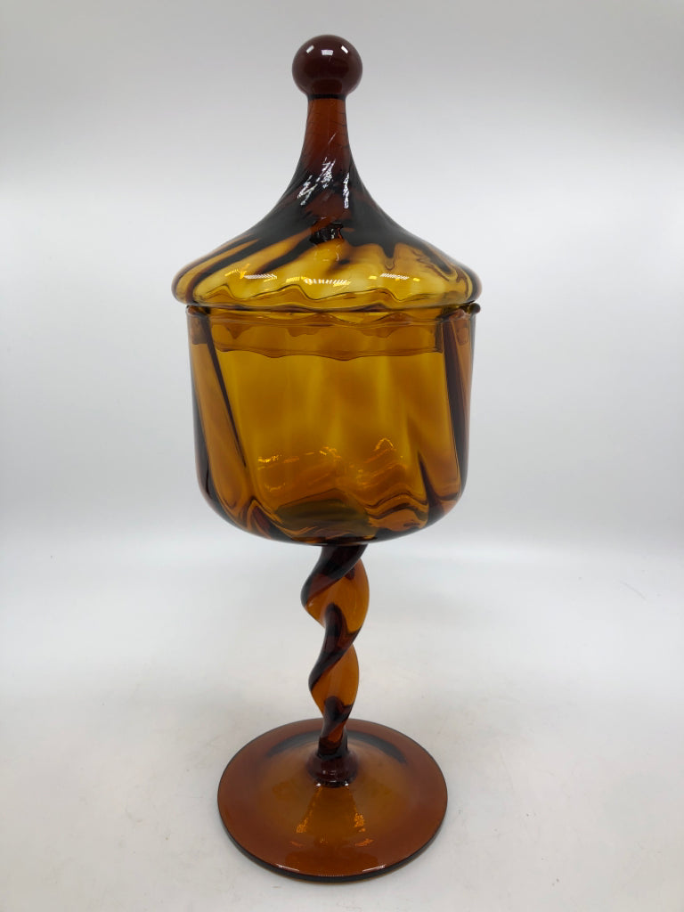 VTG AMBER GLASS RAISED SWIRL CANDY JAR.
