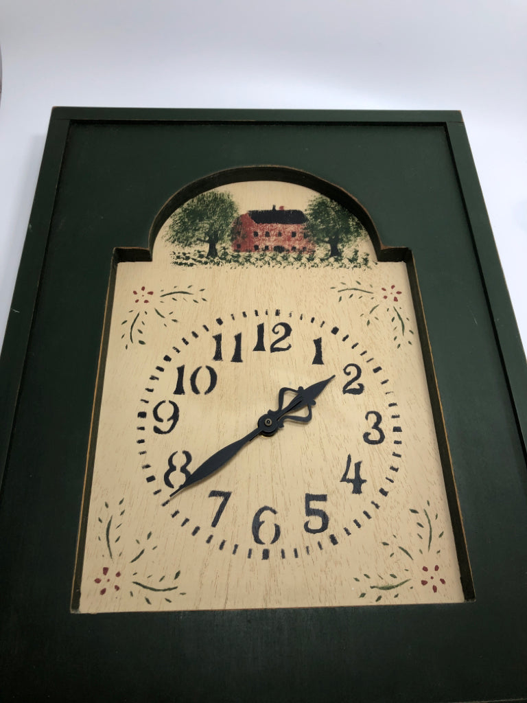HAND-PAINTED GREEN PRIMITIVE CLOCK.