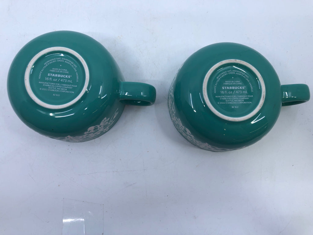 2 TEAL MUGS WHITE LACE-STARBUCKS.