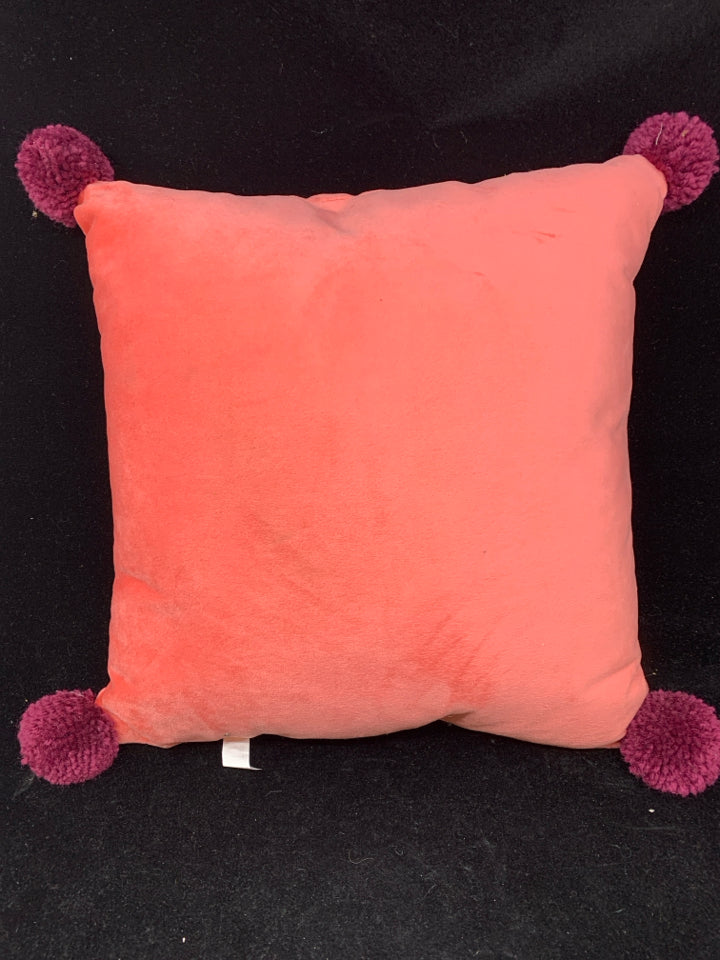 FELIZ NAVIDAD SQUARE PILLOW W/PURPLE POMPOMS.