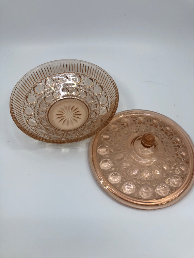 ROUND VTG PINK GLASS CANDY DISH W LID.