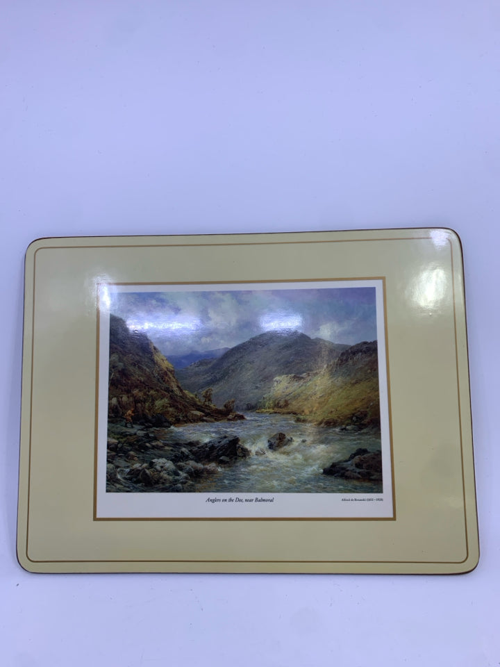 RECTANGLE TRIVET "ANGLERS ON THE DEC, NEAR BALMORAL" MOUNTAIN CORK BACK.