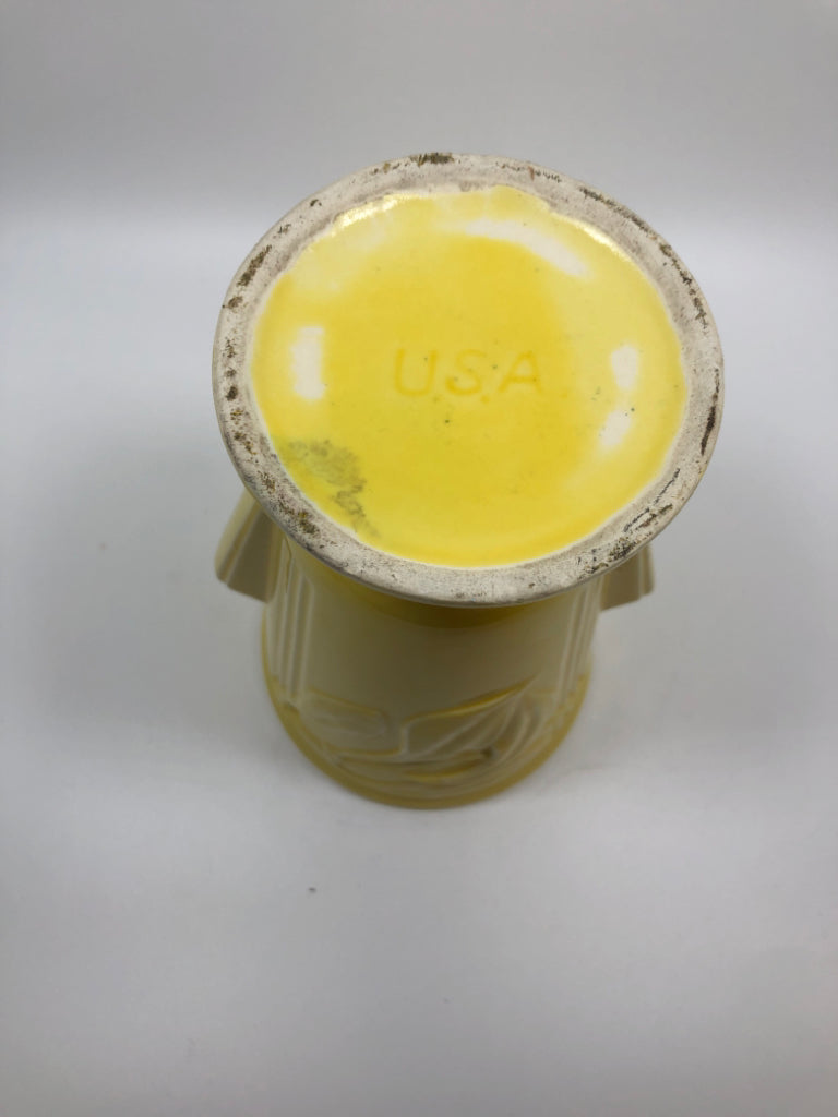 VTG YELLOW POTTERY VASE FLORAL EMBOSSED.