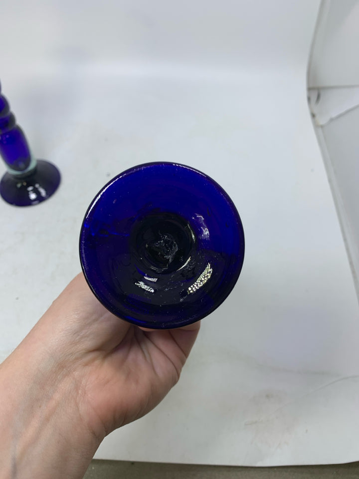2 COBALT BLUE GLASS TAPERED CANDLE HOLDERS.