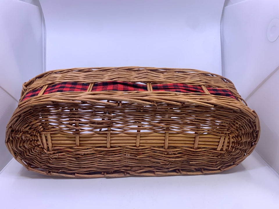 LONG OVAL BASKET W/ BUFFALO PLAID RIBBON.