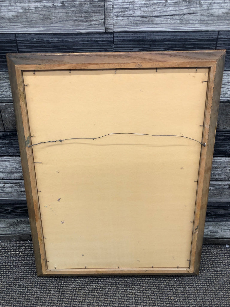 VTG DESK SCENE W VIOLIN IN WOOD FRAME WALL ART.