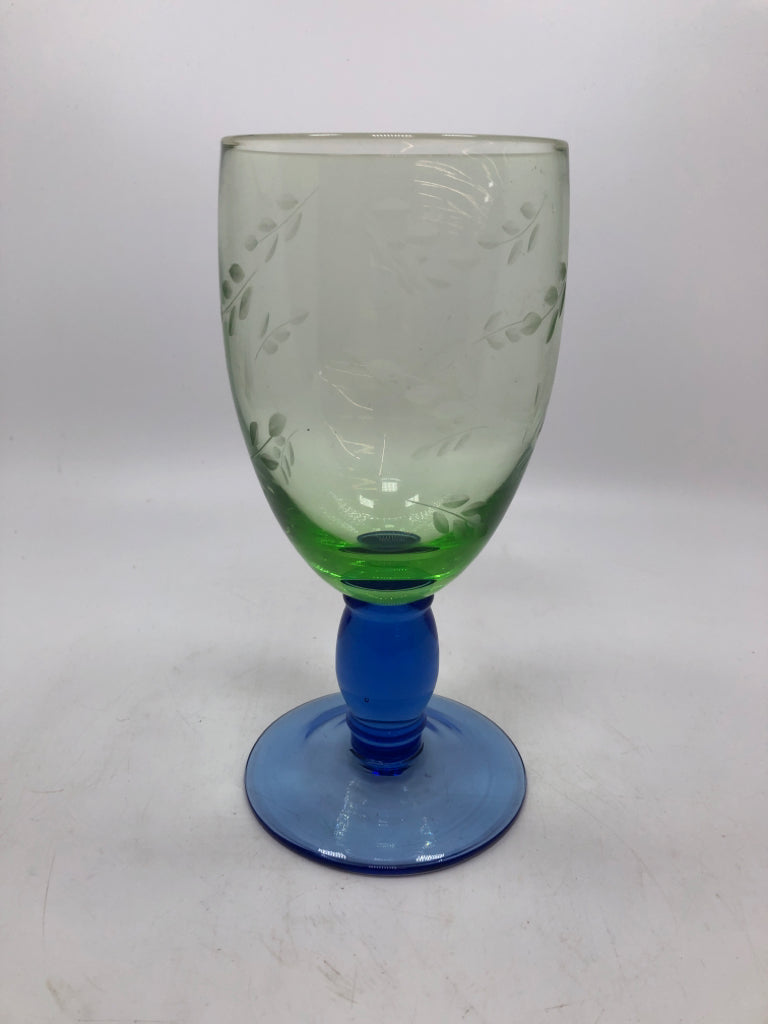6 BLUE STEM GREEN GLASS GOBLETS.