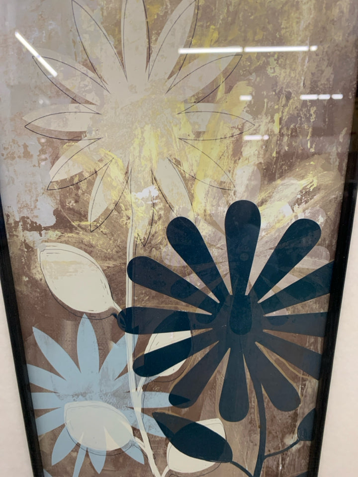 BLUE FLORAL DESIGN BLACK FRAME WALL HANGING.