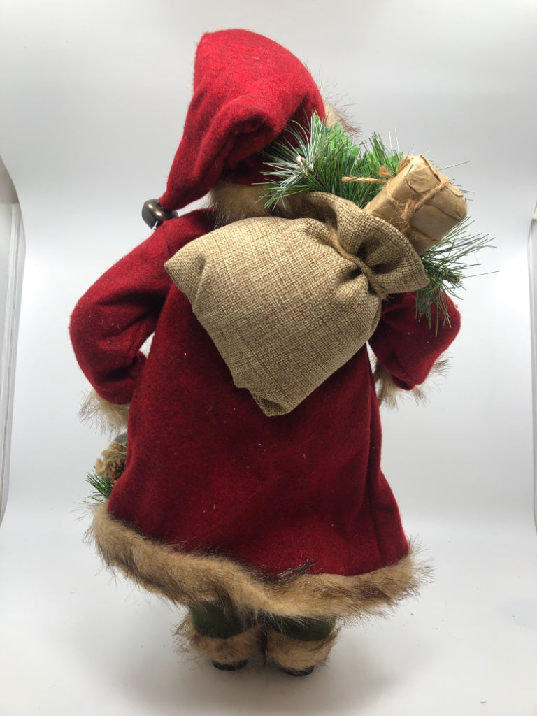 STANDING SANTA HOLDING BELL+SACK RED COAT,GREEN PANTS.