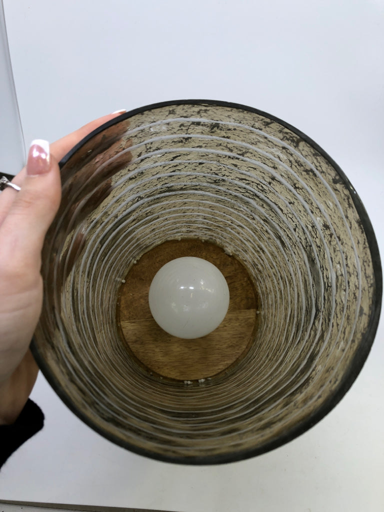 SILVER GLASS LAMP W/WOOD BASE.