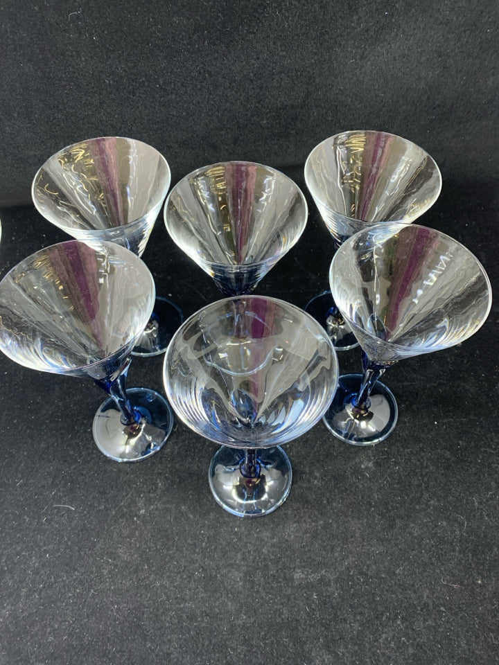 6 BLUE STEM CHAMPAGNE FLUTES.