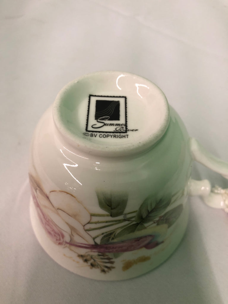 NIB CUP AND SAUCER ROSE W/ PINK BIRD IN GIFT BOX