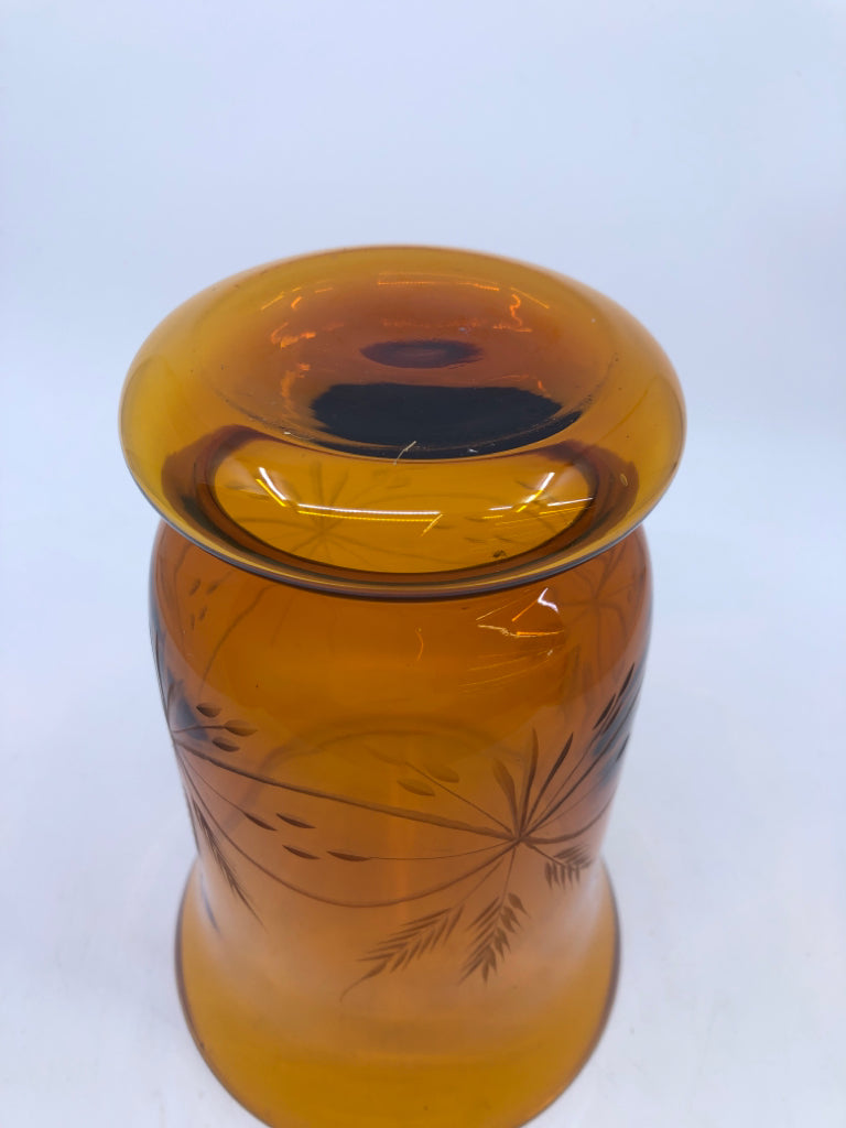 AMBER GLASS VASE W/ETCHED WHEAT DESIGN.