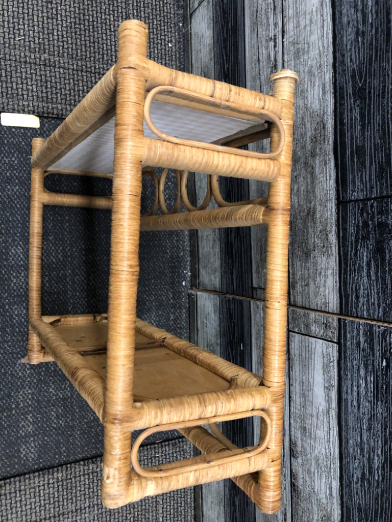 2 TIER WICKER SHELF W/ CHECK LINER.