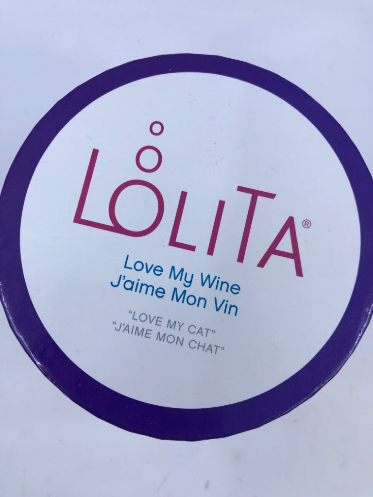 NIB LOLITA LOVE MY CAT STEMLESS WINE GLASS.