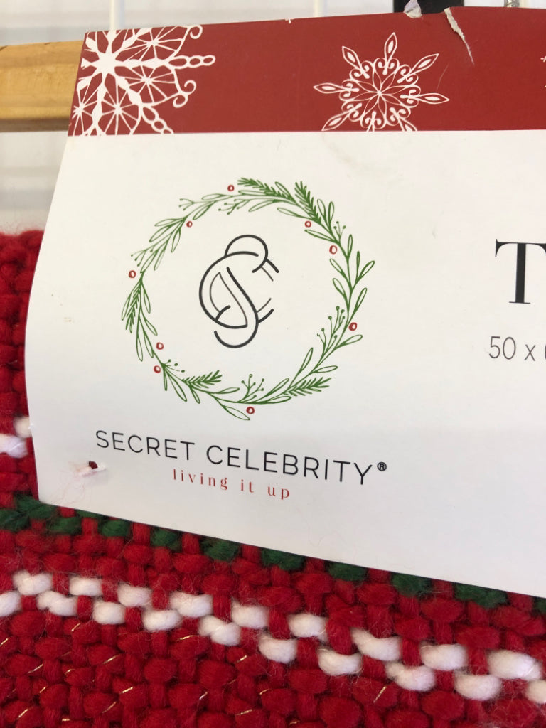 NEW RED CROCHET THROW GREEN, WHITE STRIPE.