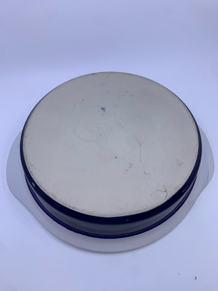 BLUE AND WHITE CASSEROLE DISH.
