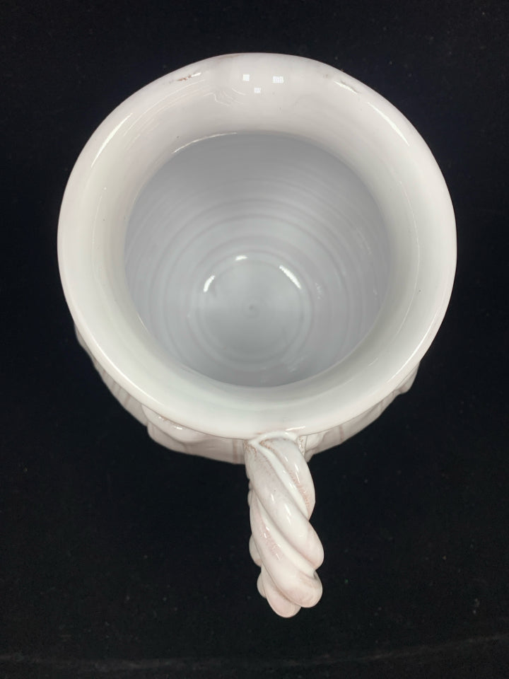 WHITE GLAZED CERAMIC PITCHER W/SPUN HANDLE.