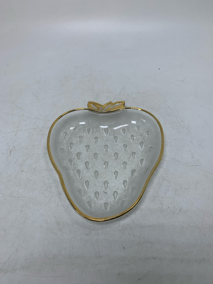 SHALLOW STRAWBERRY SHAPED BOWL GOLD RIM.