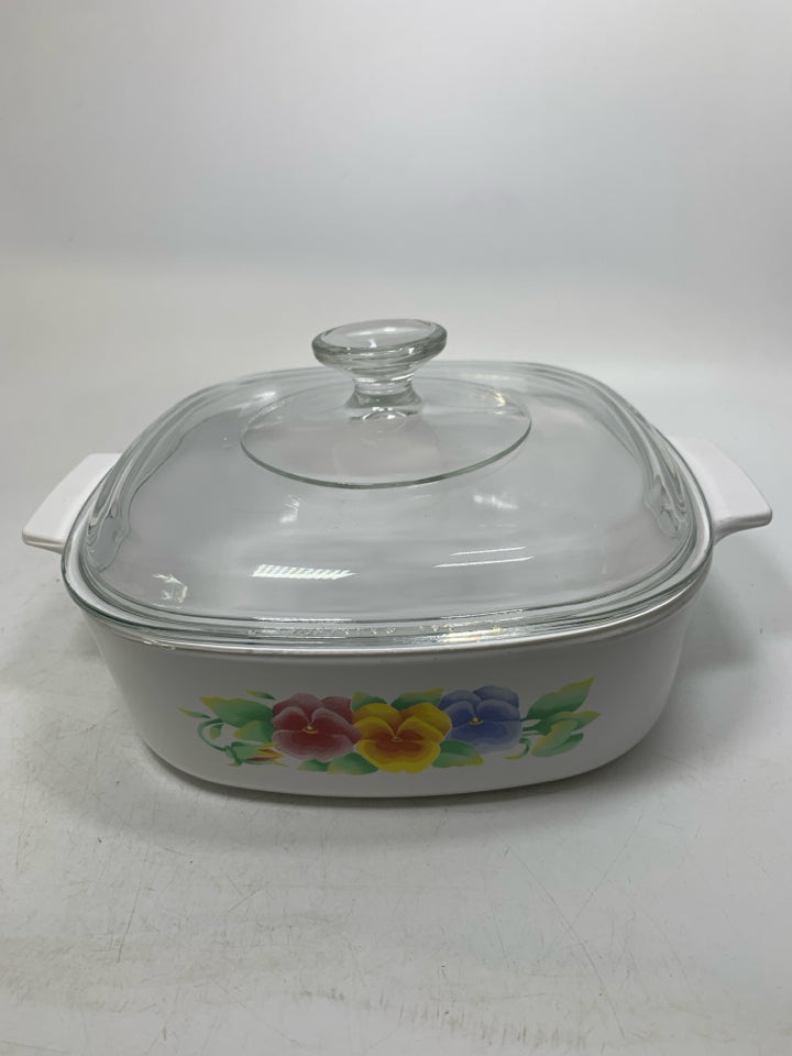 CORNING WARE SUMMER BLUSH PANSY PATTERN CASSEROLE DISH W/ LID.