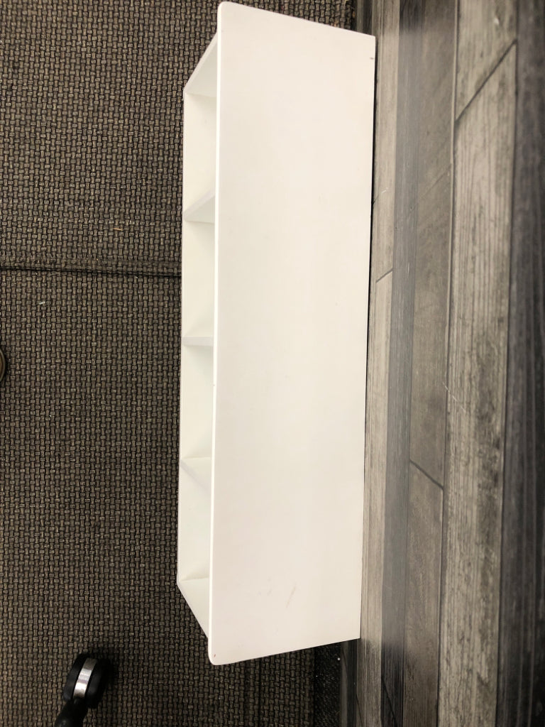 WHITE CUBBY WALL SHELF W/COAT HOOKS.
