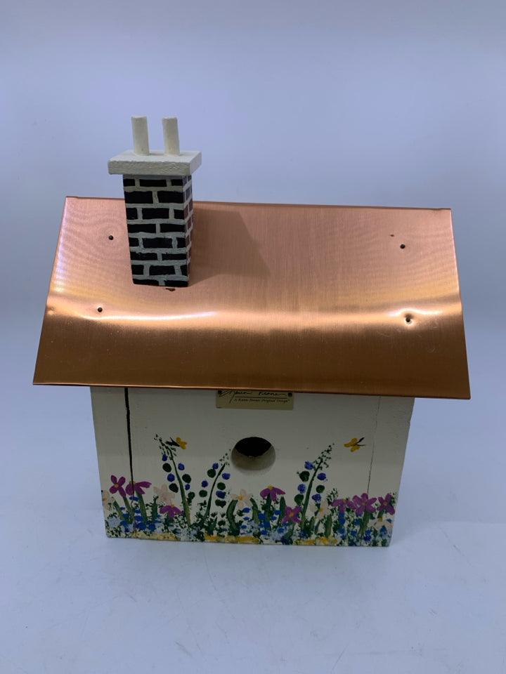 HANDMADE PAINTED DECORATIVE BIRD HOUSE W/ COPPER ROOF & MUSIC BOX BY KAREN PENNE