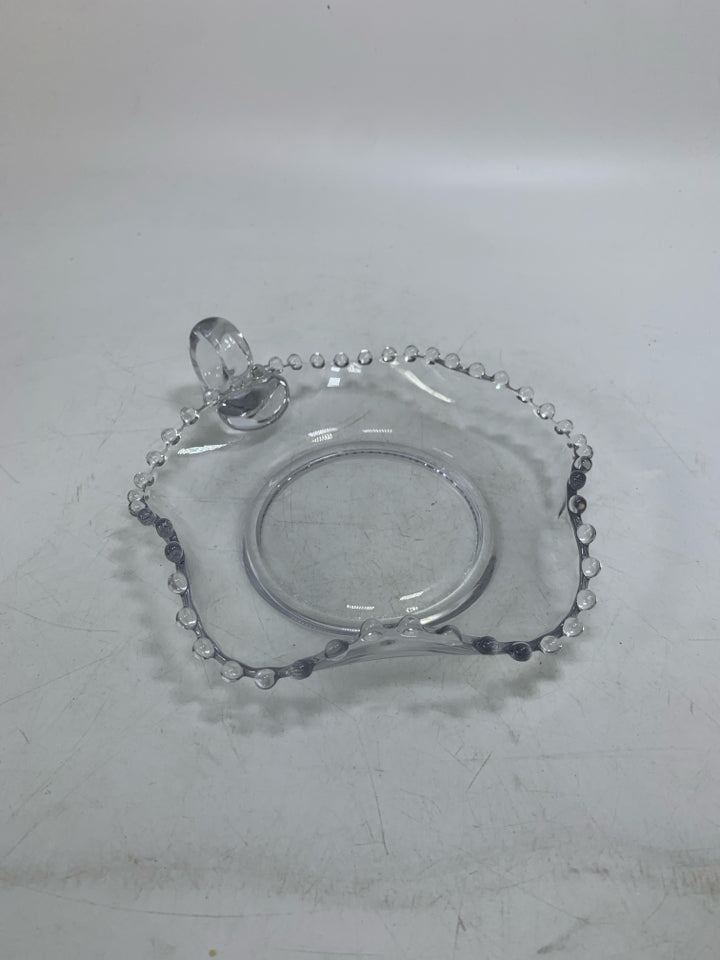 SHALLOW CLEAR GLASS CANDY DISH W/ BEADED RUFFLE EDGE & HANDLES.