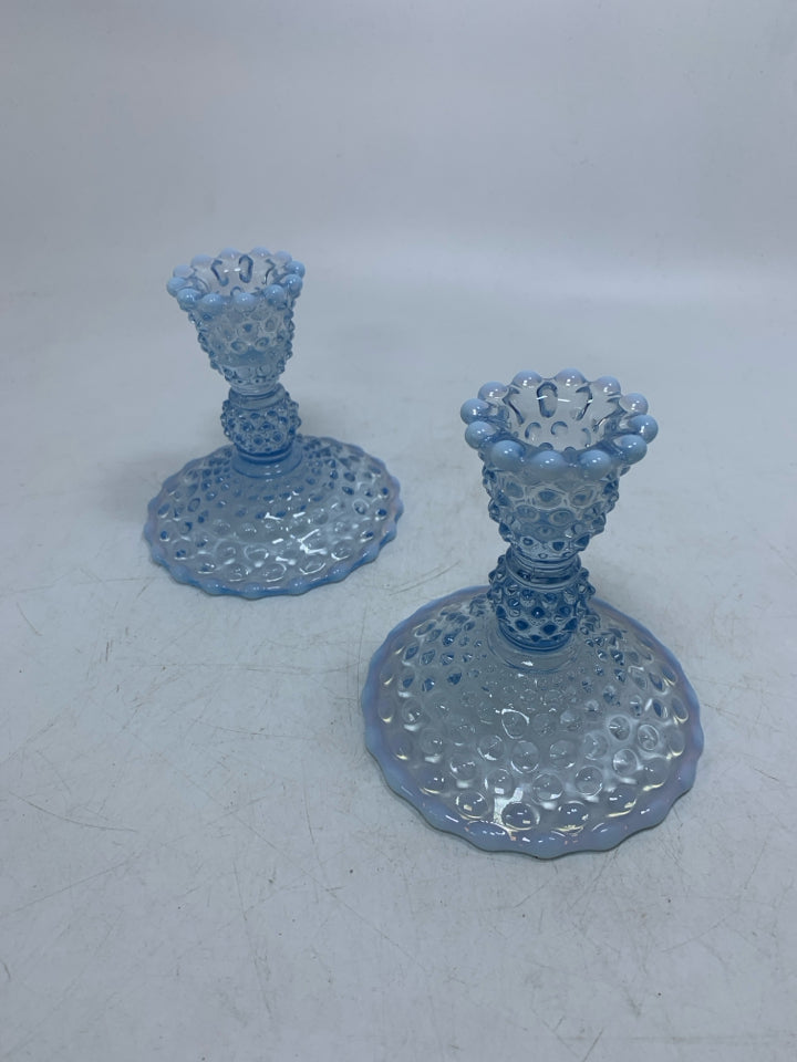 2 VTG BLUE/WHITE OPALESCENT HOBNAIL TAPERED CANDLE HOLDERS.