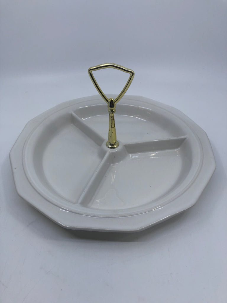 WHITE DIVIDED SERVER W GOLD HANDLES.
