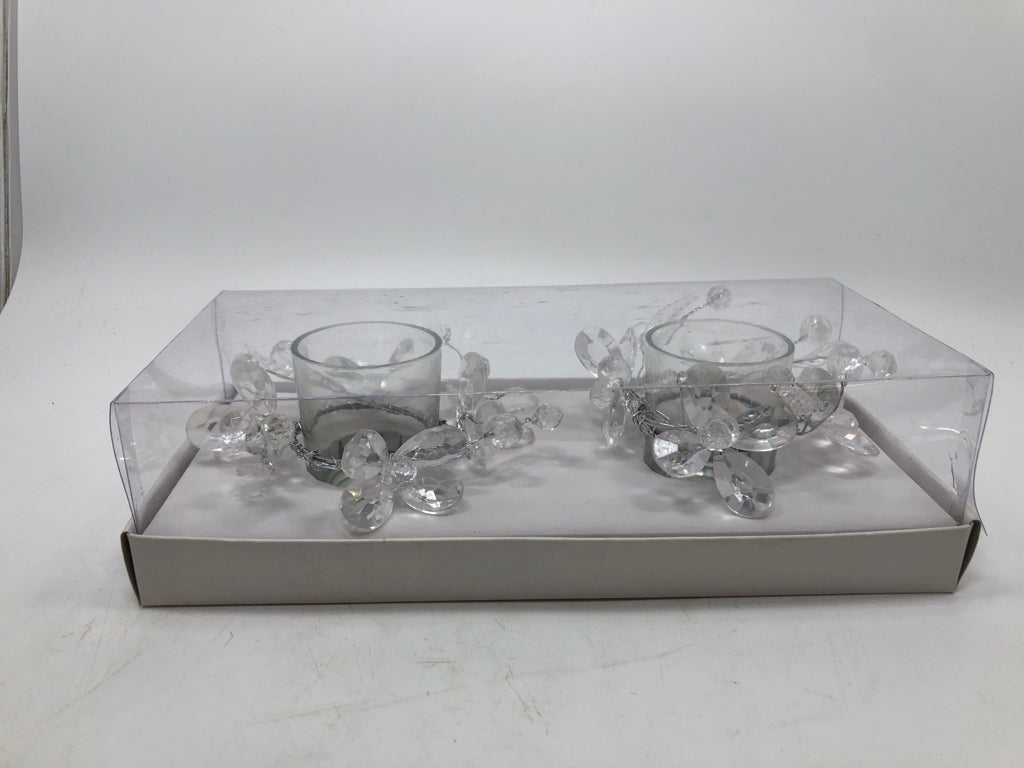 2 FLOWER GEM GLASS VOTIVE HOLDERS IN BOX.