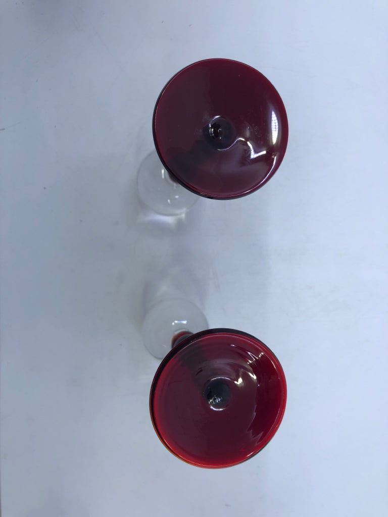 2 VTG RED STEMED SMALL CORDIAL GLASSES.