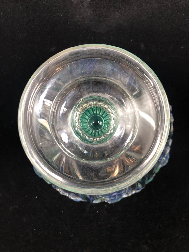 BLUE FLORAL GLASS PEDESTAL BOWL.