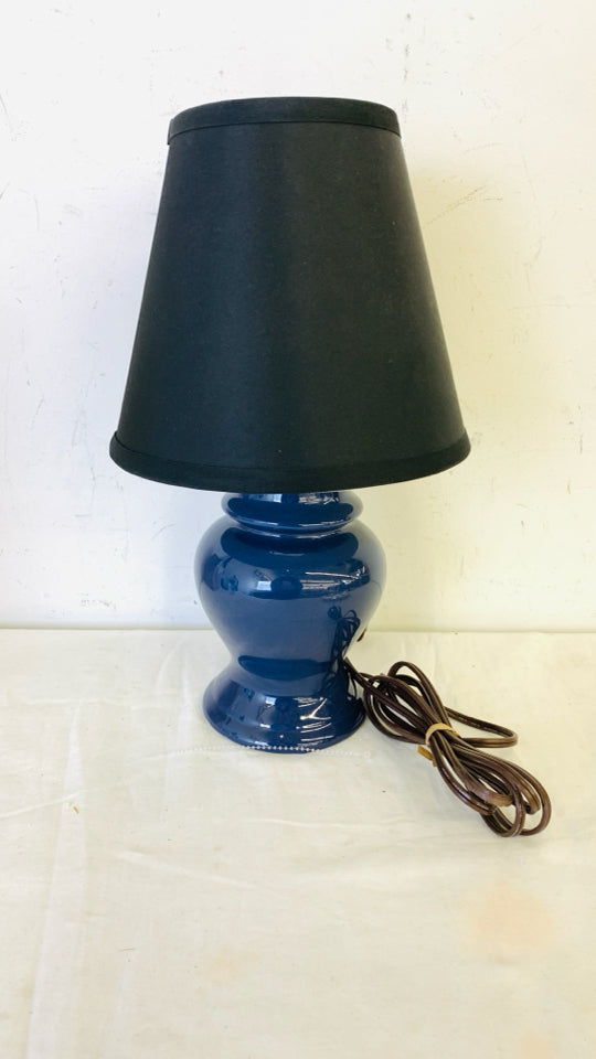 DARK BLUE CERAMIC BASE LAMP W BLACK SHADE.