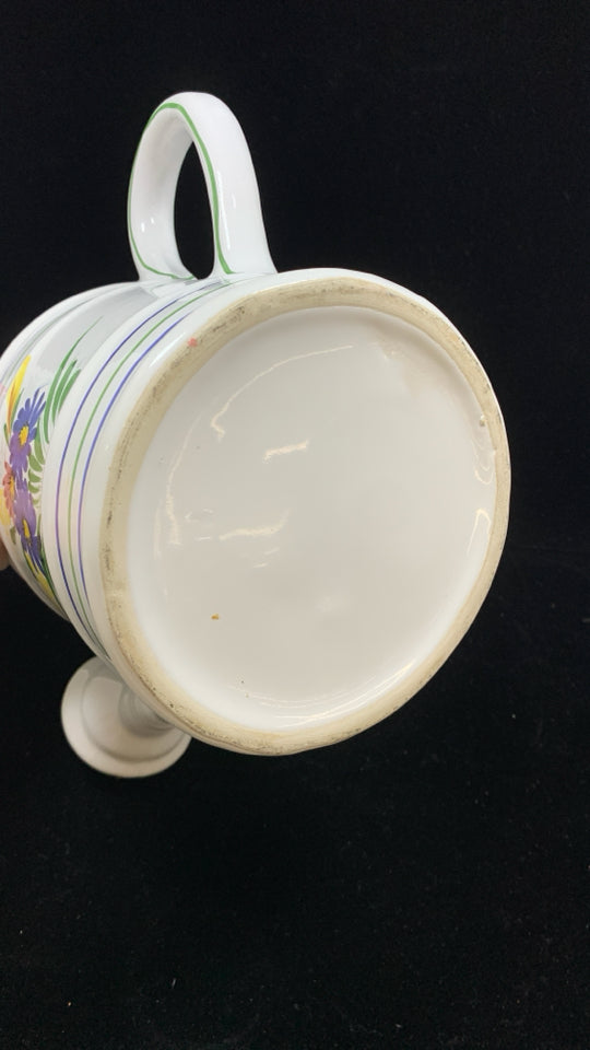 WHITE CERAMIC WATERING CAN W/PAINTED FLOWERS.