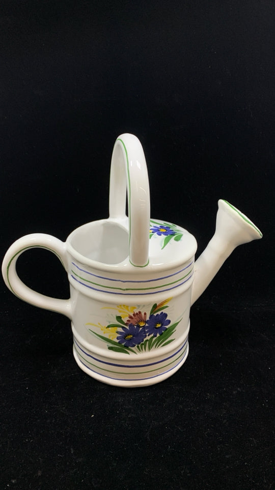 WHITE CERAMIC WATERING CAN W/PAINTED FLOWERS.