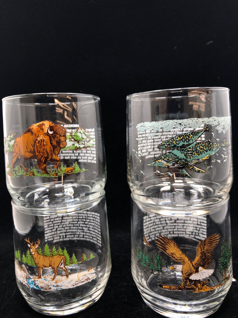 4 "AMERICAN WILDLIFE" LOWBALL ROCKS GLASSES.