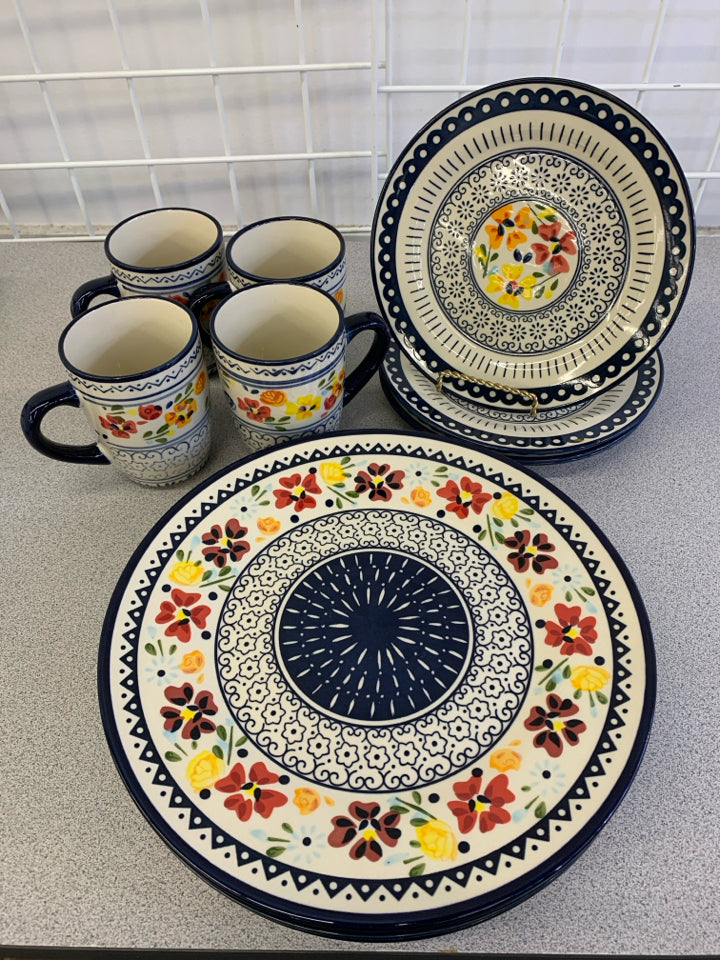 12 PC BLUE PATTERN RED/ORANGE/YELLOW FLORAL ELITE STONEWARE.