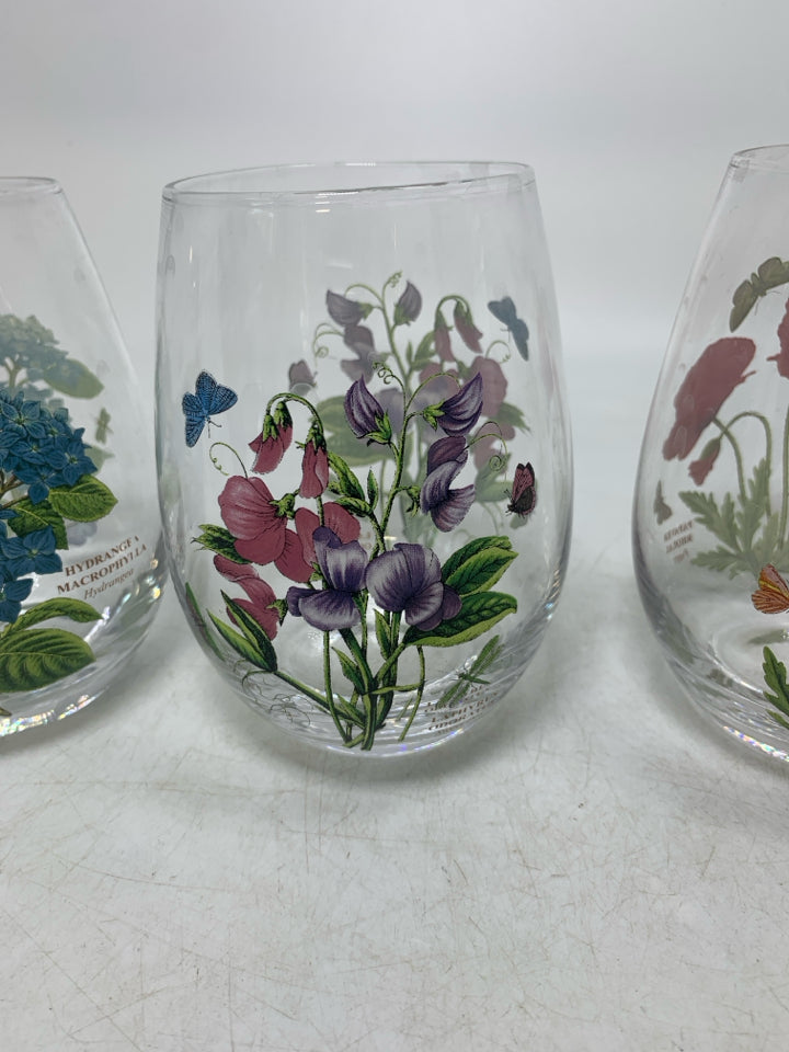 4 BOTANIC GARDEN STEMLESS WINE GLASSES ASSORTED.