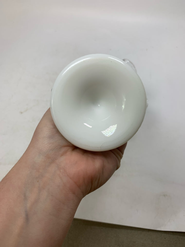 MILK GLASS FOOTED VASE W/ CLEAR RUFFLED EDGE.