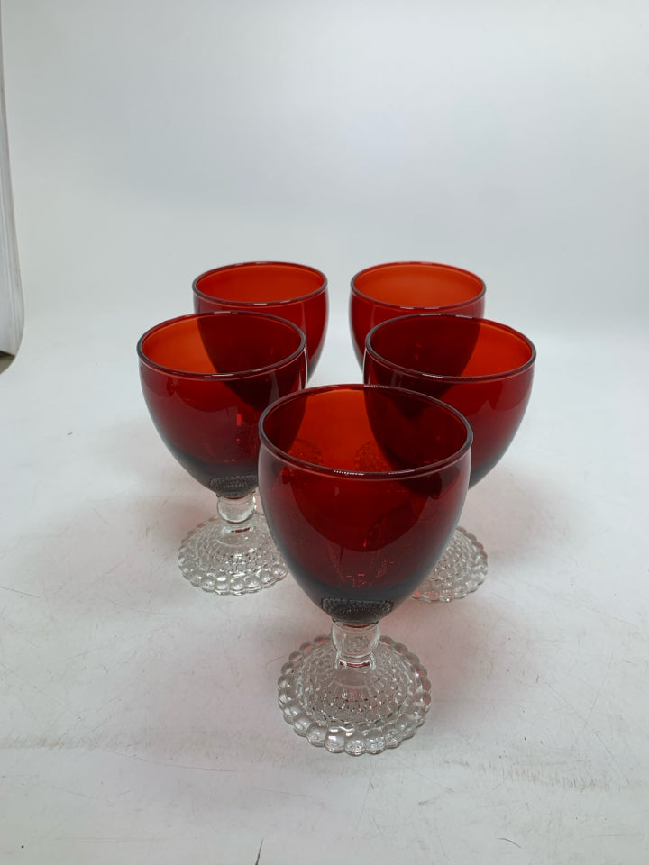 5 VTG BUBBLE FOOT RUBY RED JUICE GOBLETS.