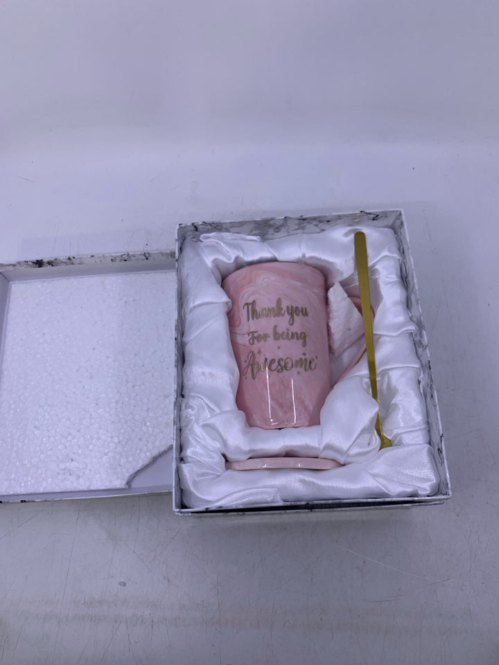 NIB PINK MARBLE LOOK CERAMIC THANK YOU FOR MUG.