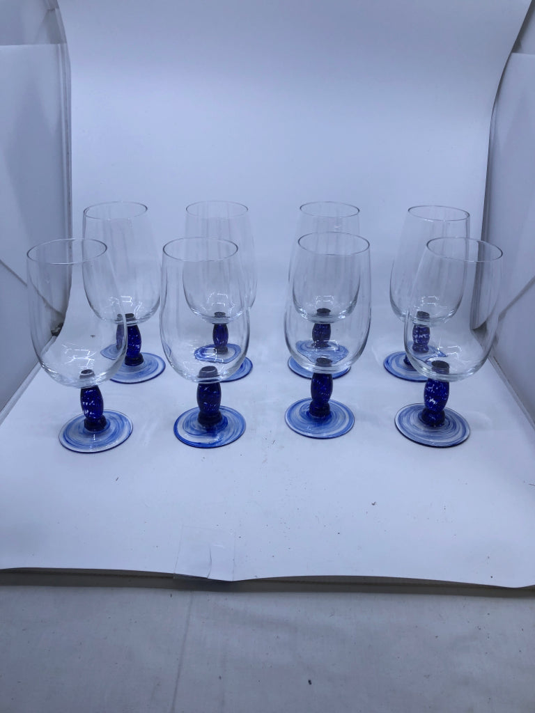 8 BLUE STEM WINE GLASSES.