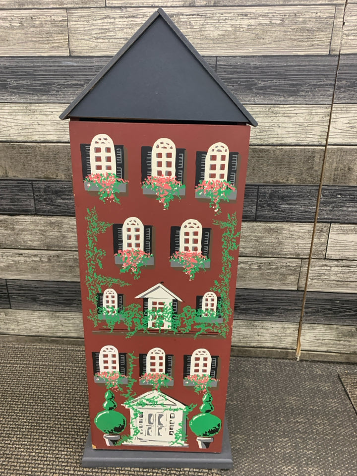 HAND-PAINTED APARTMENT SHELVING UNIT W/POINTED ROOF.