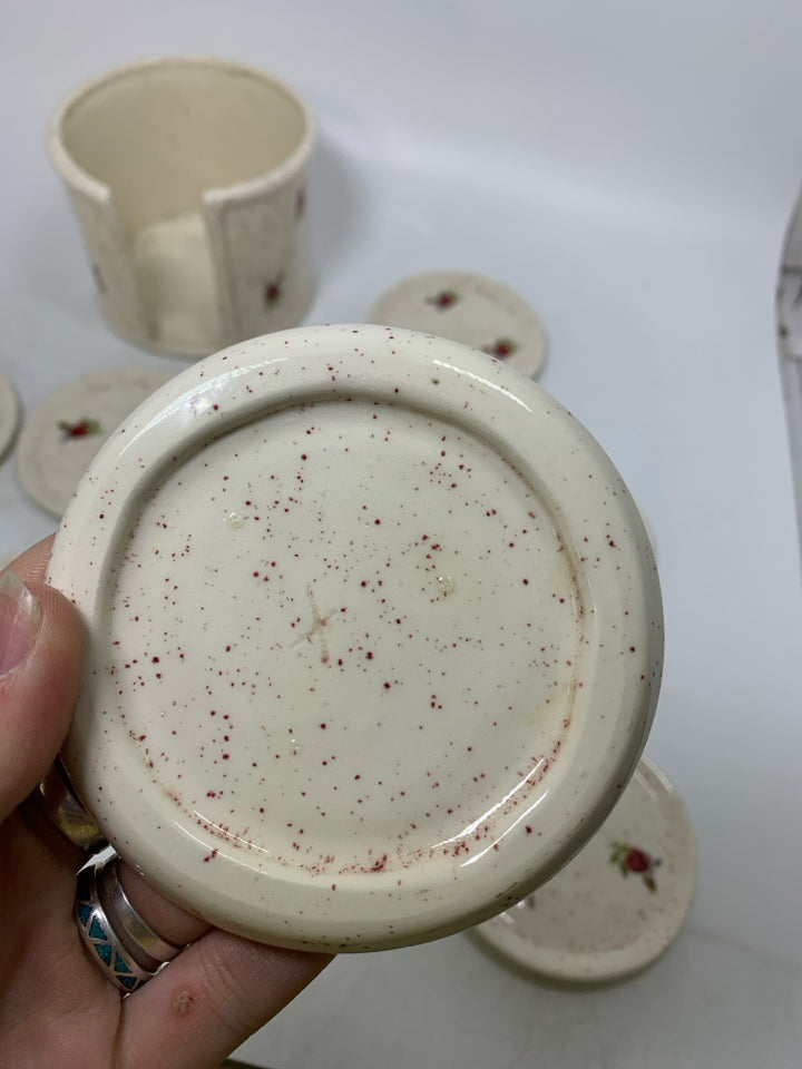 VTG 10 PC RED SPECKLED COASTER SET W/ ROSES 9 COASTERS & STAND.