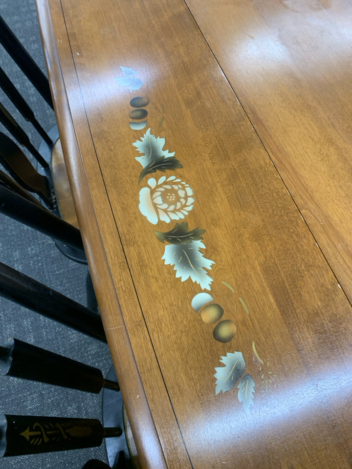 VTG MAPLE/BLACK DROP LEAF DINING TABLE W/ 6 CHAIRS.