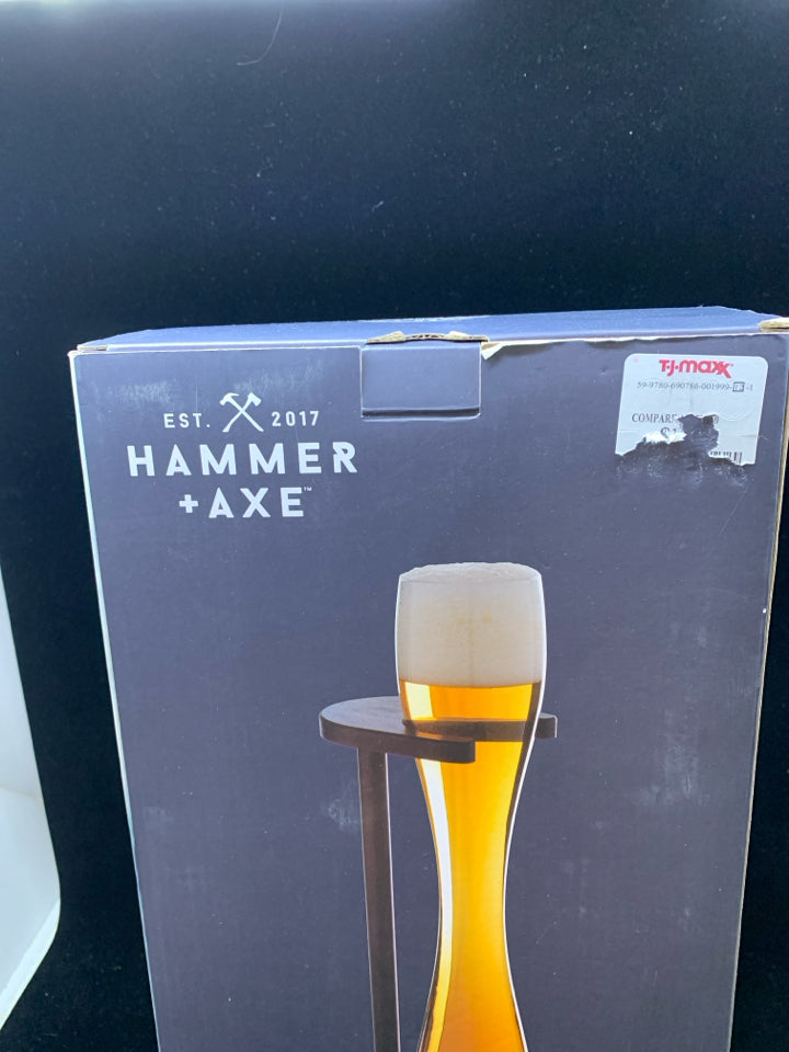 NIB HALF YARD BEER GLASS W/WOODEN STAND.